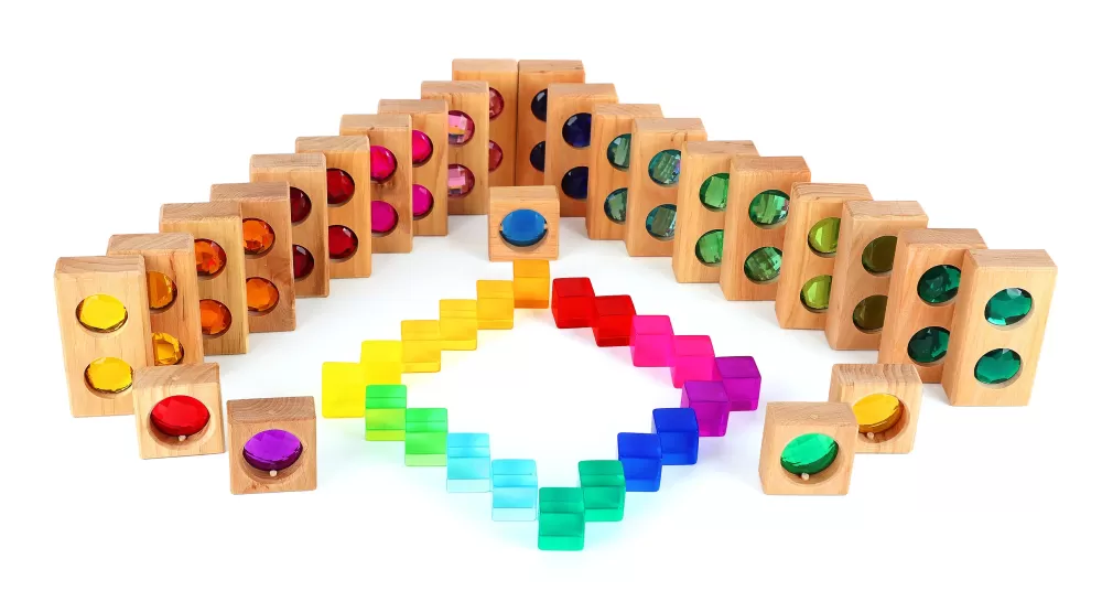 Discount Bauspiel Blocchi Small Colour Track Con Cubi Traslucidi E Scatola In Legno - 45
